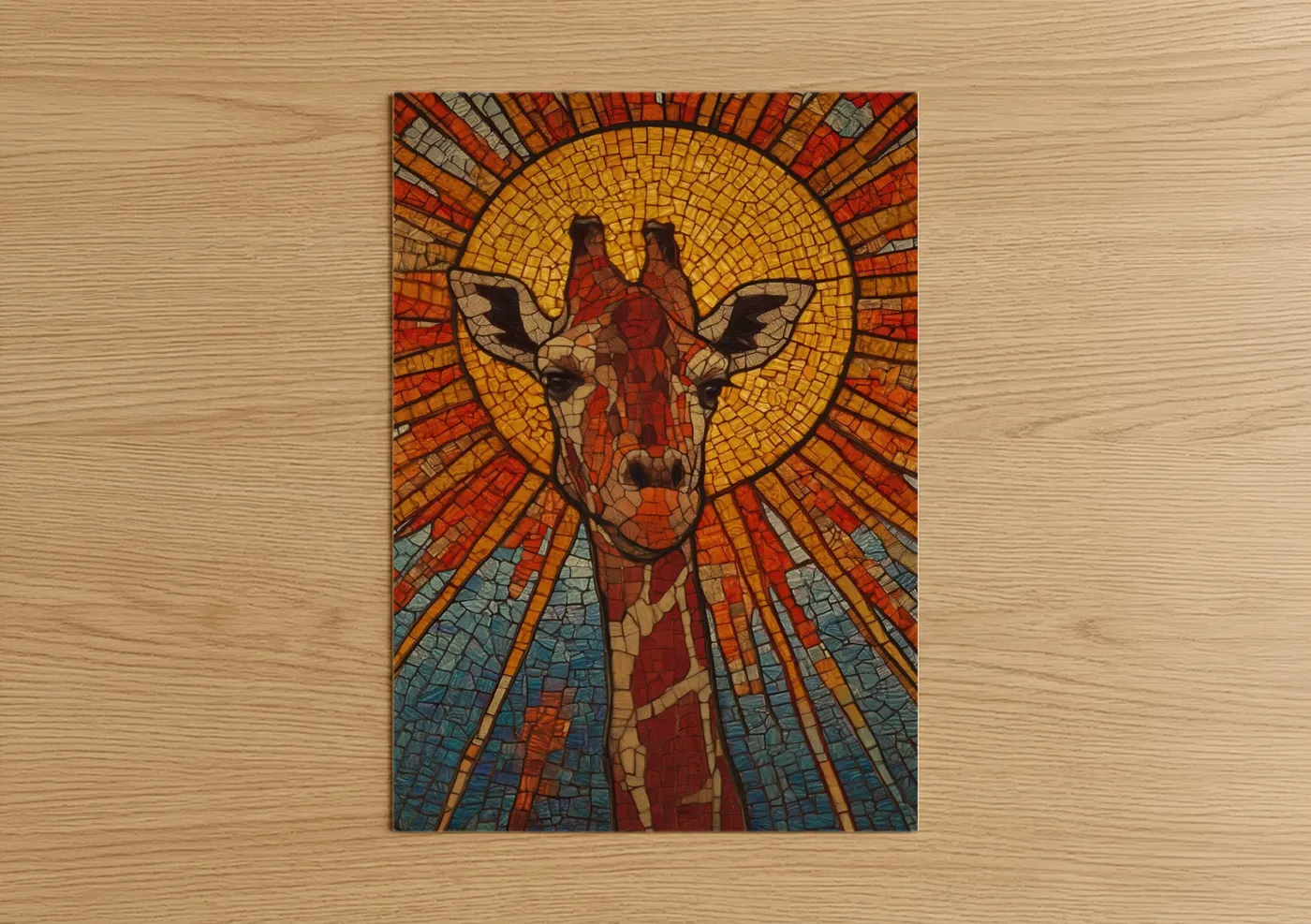 Art print on warm oak wood — gold and red palette — Sacred Giraffe poster
