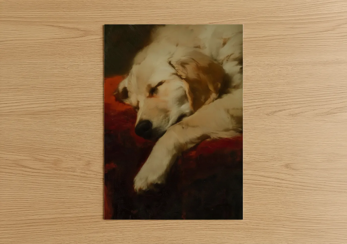 Art print on warm oak wood — cream and russet palette — Sleeping Retriever poster