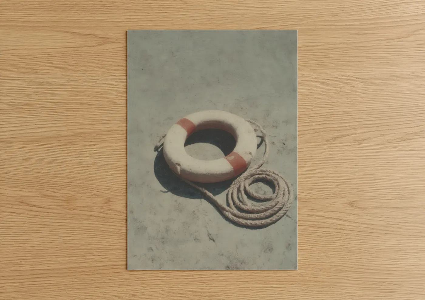 Life ring art print on warm oak wood — white and russet palette — Coastal Lifeguard Ring poster