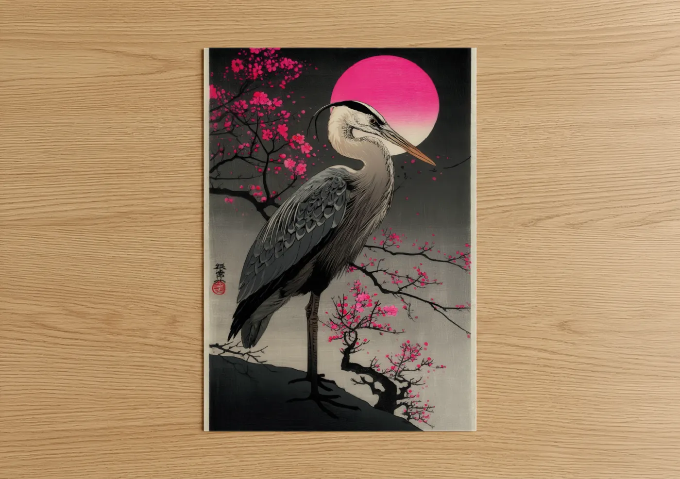Art print on warm oak wood — magenta and black palette — Crimson Heron poster