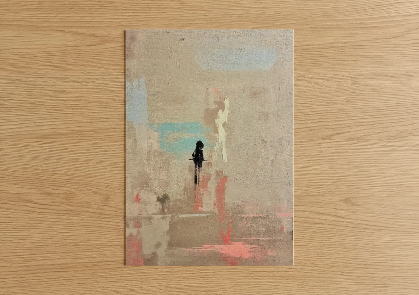 Abstract classic art print on warm oak wood — cream and rose gold palette — Solitary Explorer poster