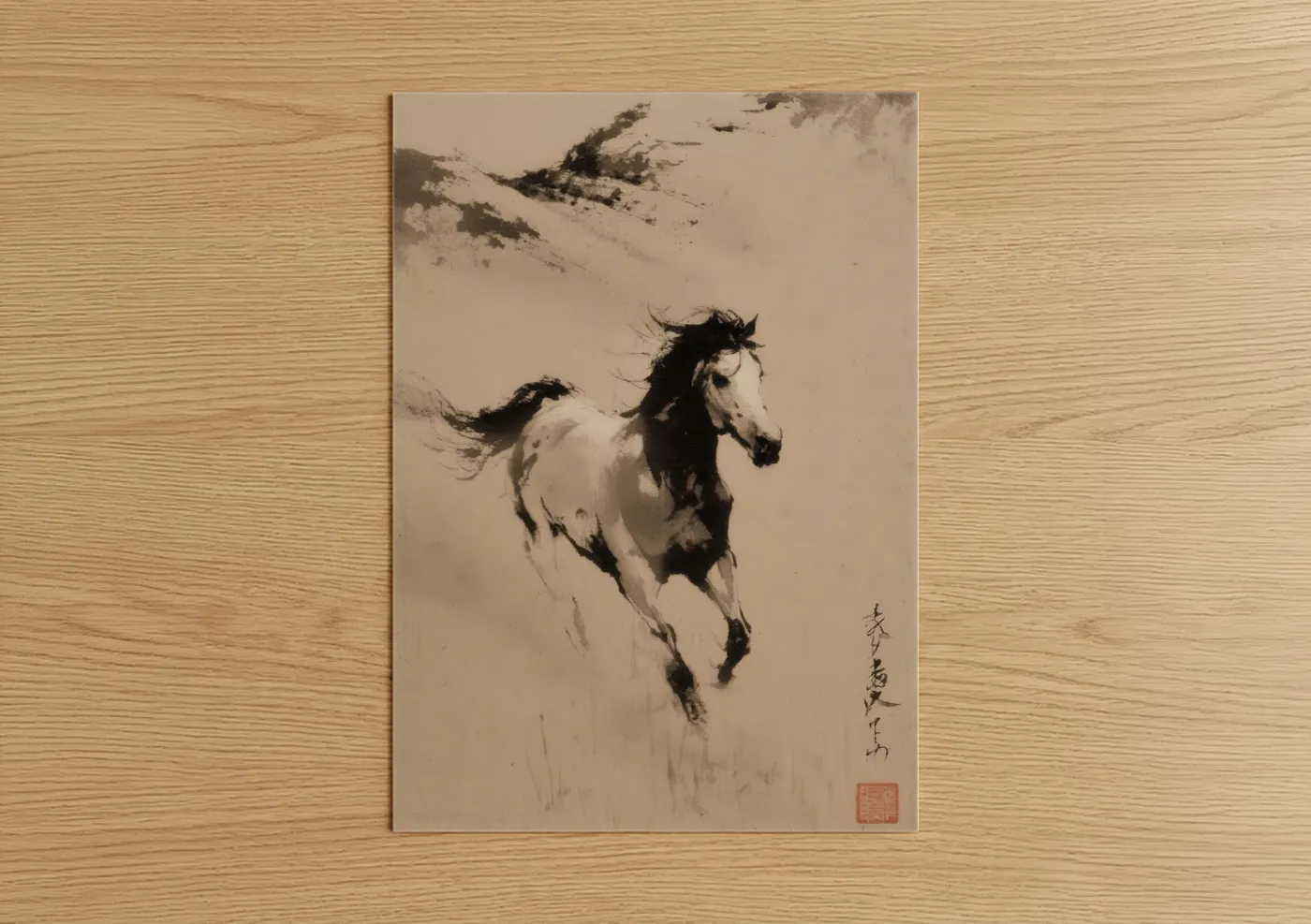 Art print on warm oak wood — black and white and cream palette — Galloping Quarter Horse poster
