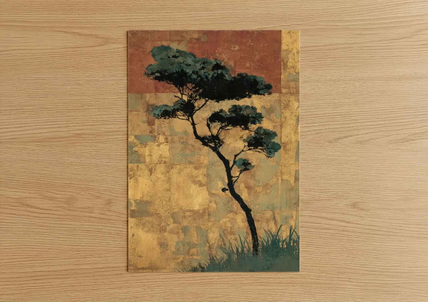 Juniper tree art print on warm oak wood — gold and teal palette — Windswept Juniper poster