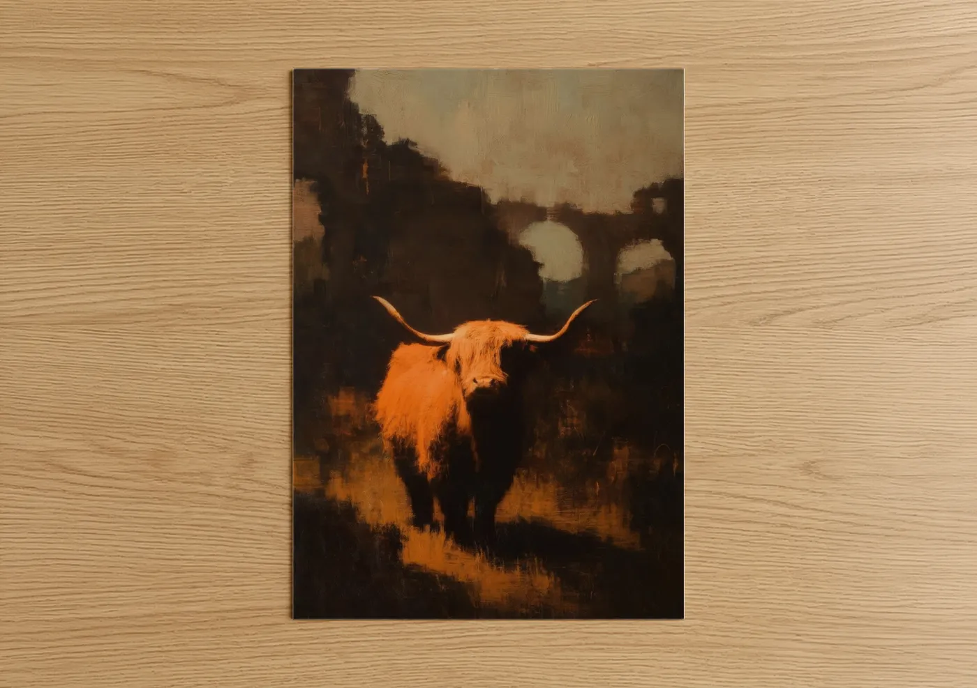 Golden Highland Cow Moody Landscape Wall Art