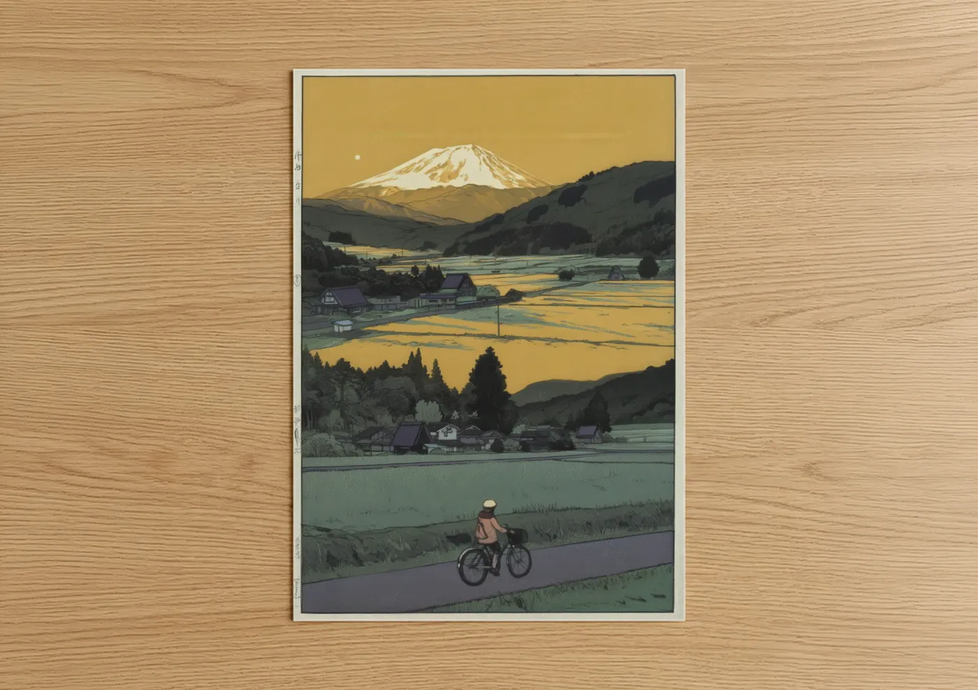 Various landscapes art print on warm oak wood — gold and sage green palette — Mount Fuji Countryside poster