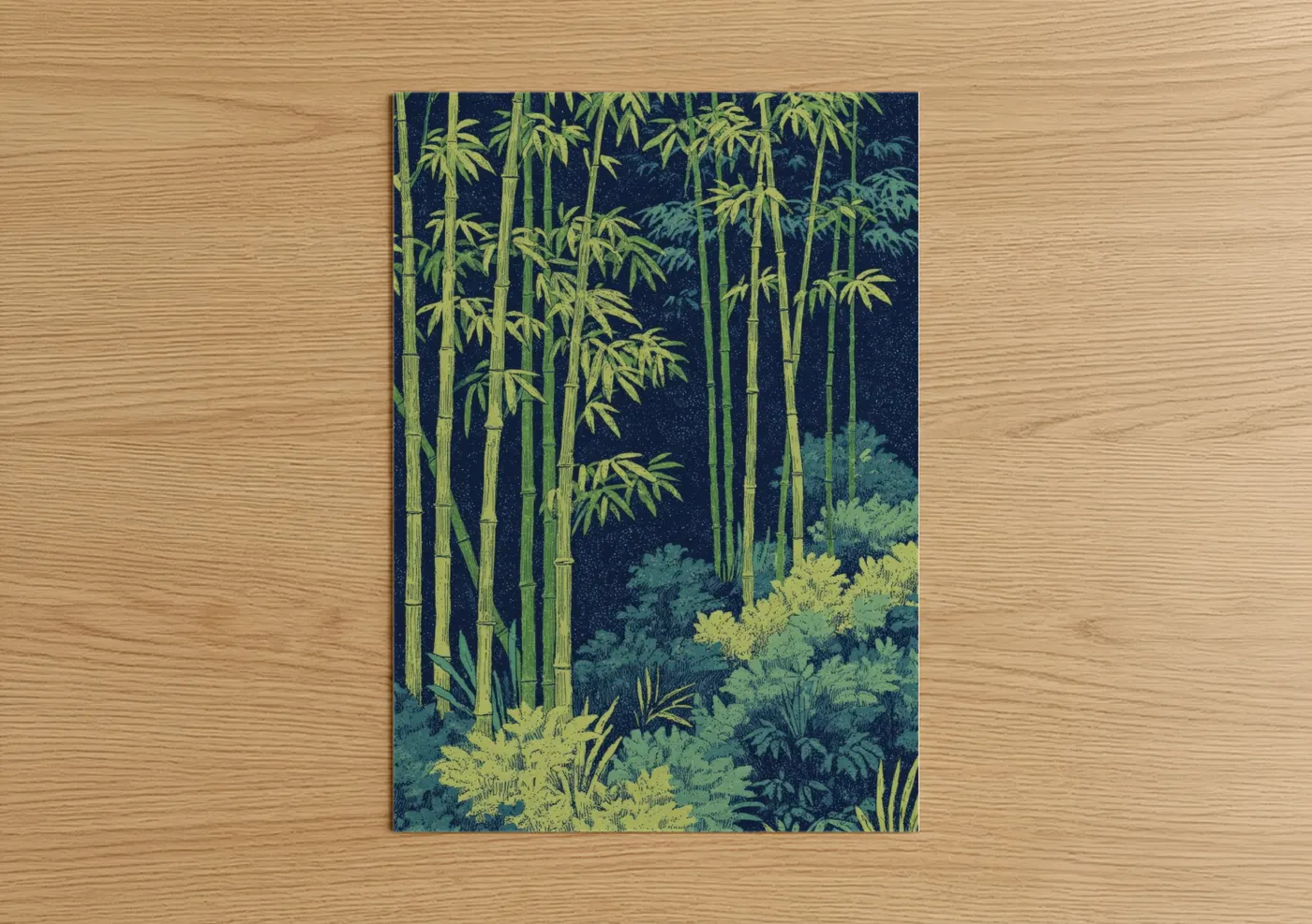 Art print on warm oak wood — dark blue and light green palette — Moonlit Bamboo poster