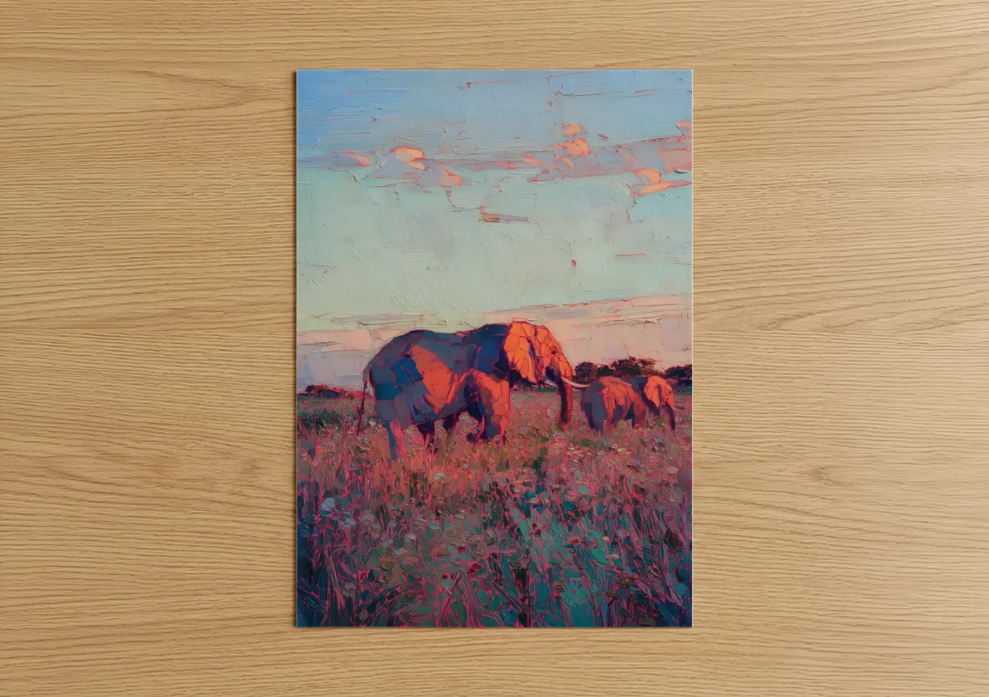 Golden Savanna Elephants Sunset Painting Wall Art