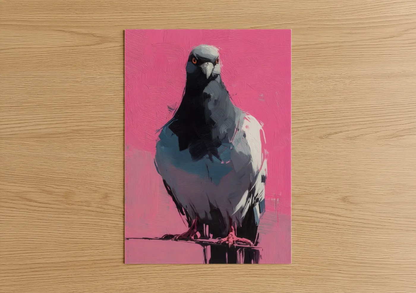 Art print on warm oak wood — pink and black and white palette — Pink Pigeon poster
