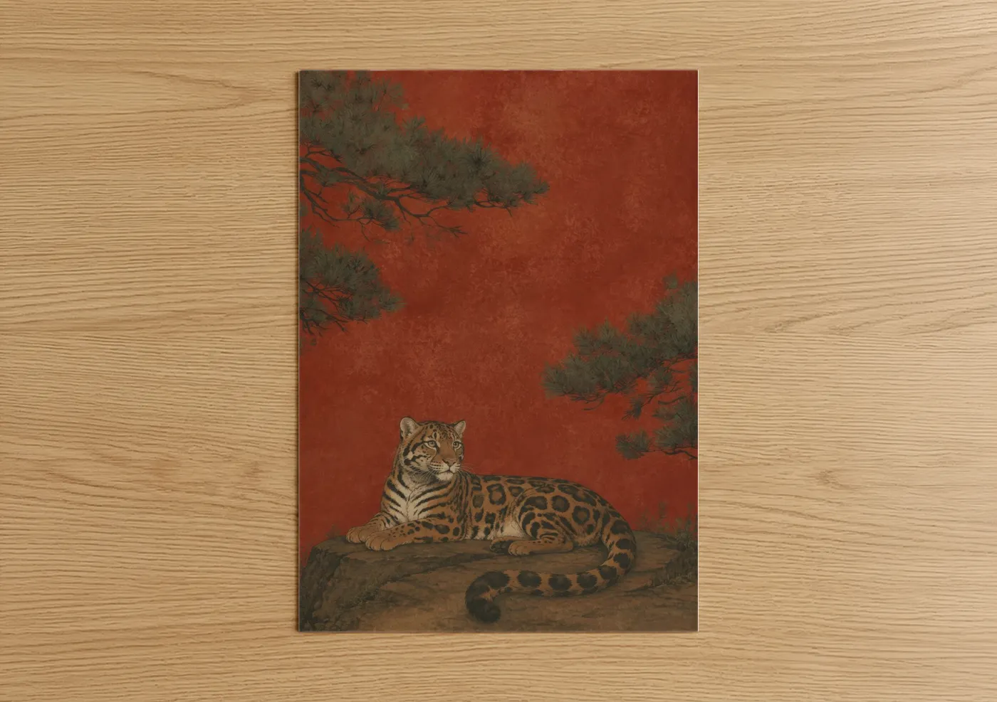Art print on warm oak wood — red and orange palette — Asian Leopard Pine Tree Wall Art poster