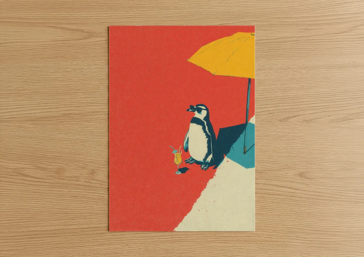 Beachside Penguin Illustration Art Print Wall Art