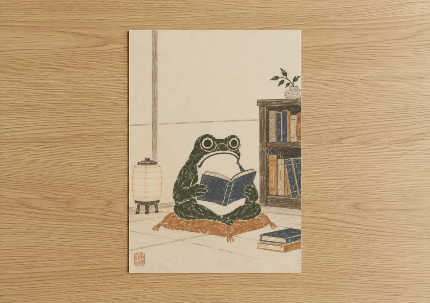 Frogs and toads art print on warm oak wood — beige and dark green palette — Reading Frog Library Scene Wall Art poster
