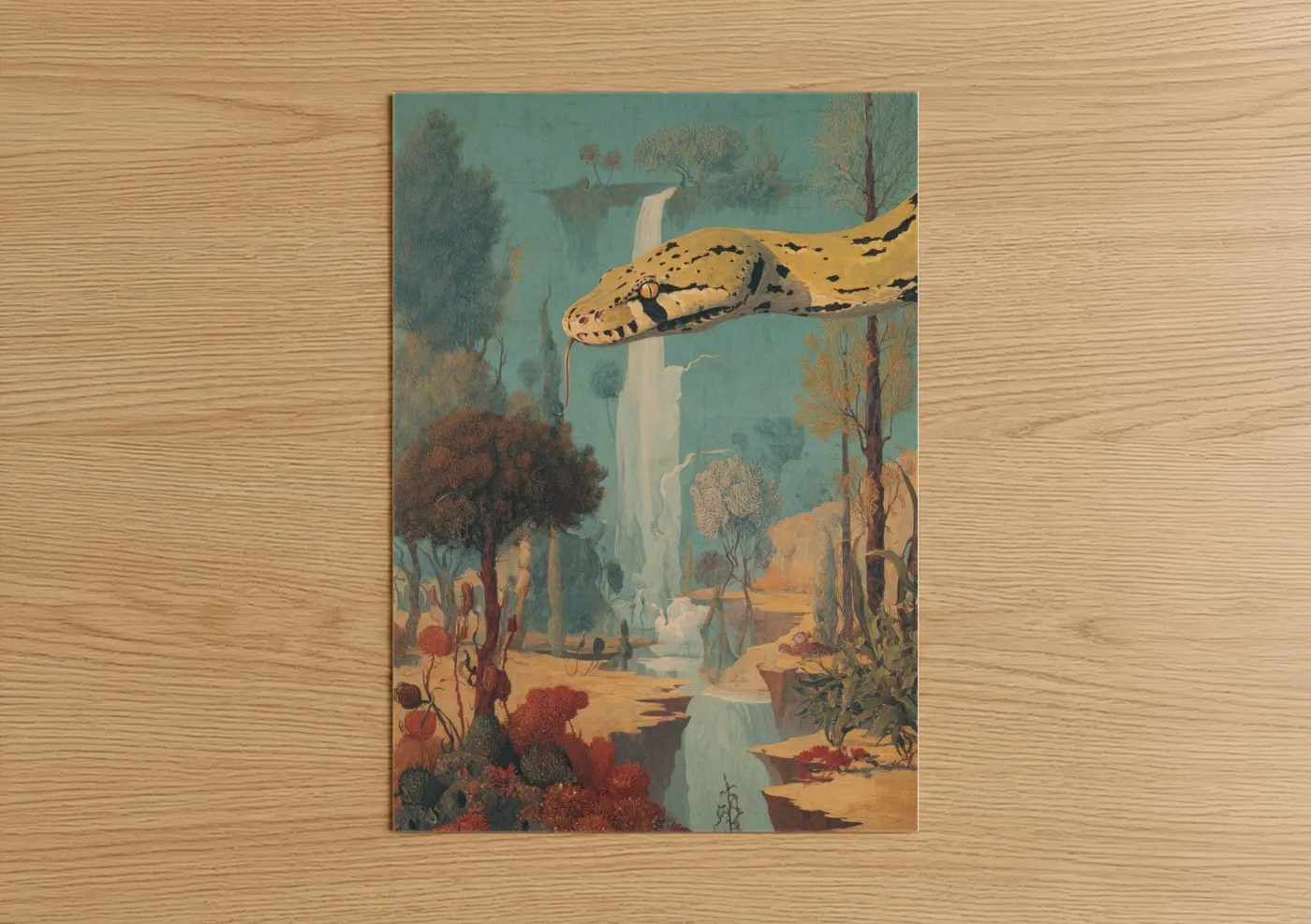 Boa constrictor art print on warm oak wood — gold and teal palette — Desert Boa Guardian poster