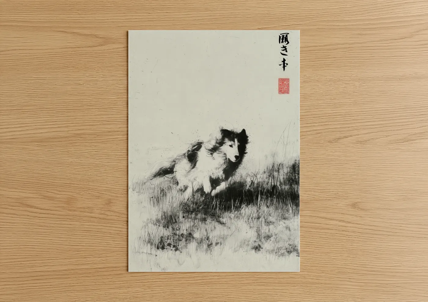 Collie Dog in Windblown Grass Ink Wall Art