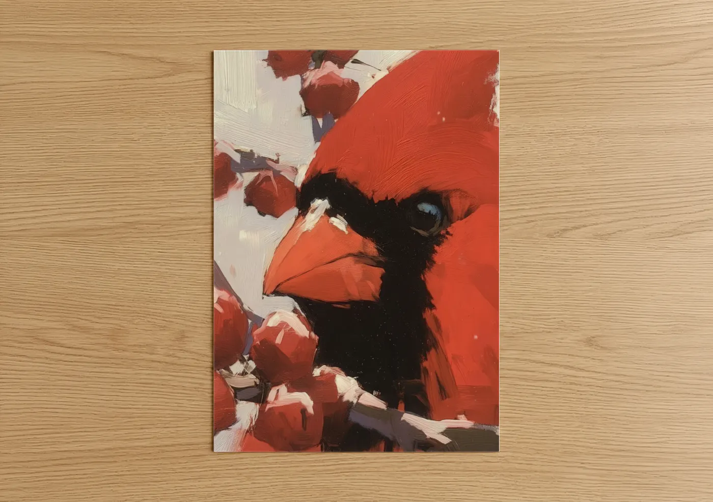 Art print on warm oak wood — red and black and white palette — Crimson Cardinal Portrait poster