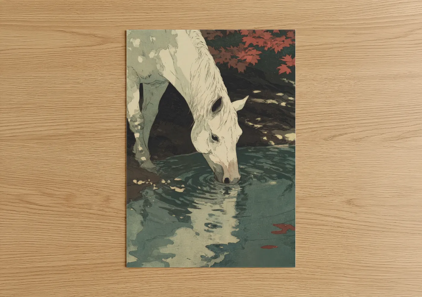 Horseback art print on warm oak wood — cream and teal palette — Serene Water Drink poster