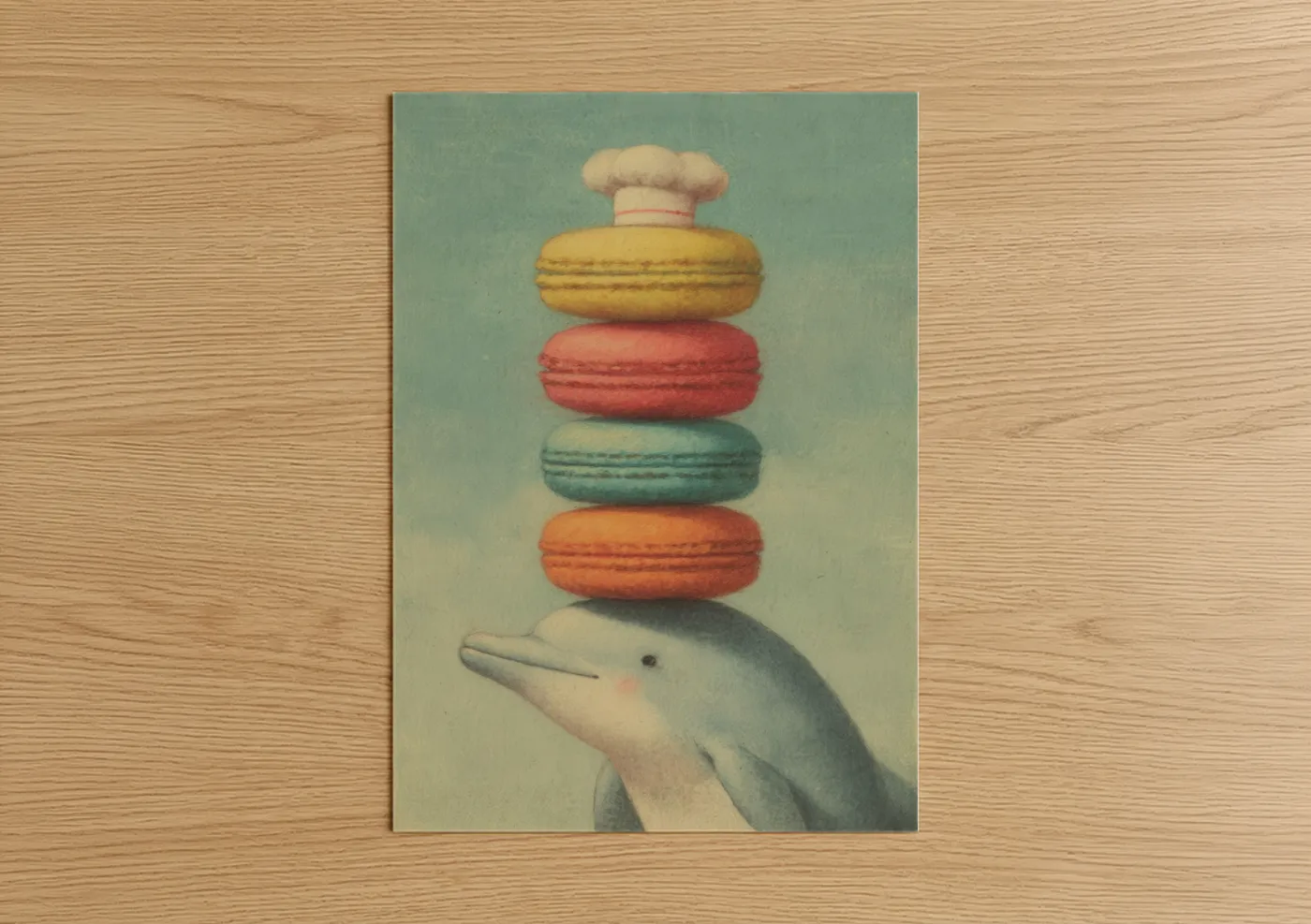 Dolphins art print on warm oak wood — peach and sage green palette — Playful Dolphin Macarons poster