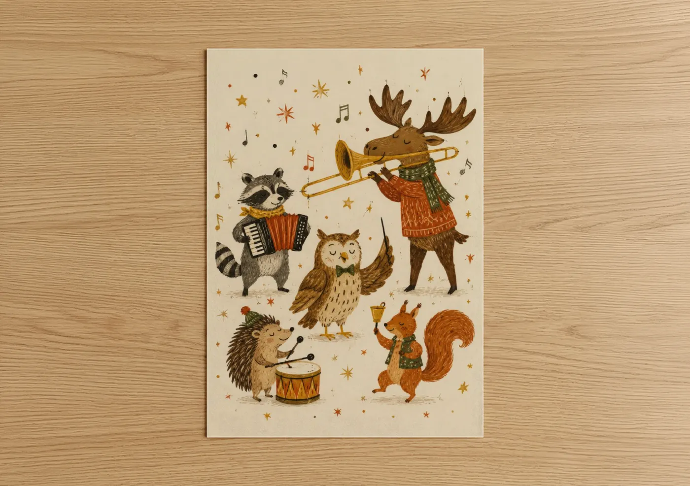 Moose art print on warm oak wood — beige and brown palette — Woodland Animal Band Wall Art poster