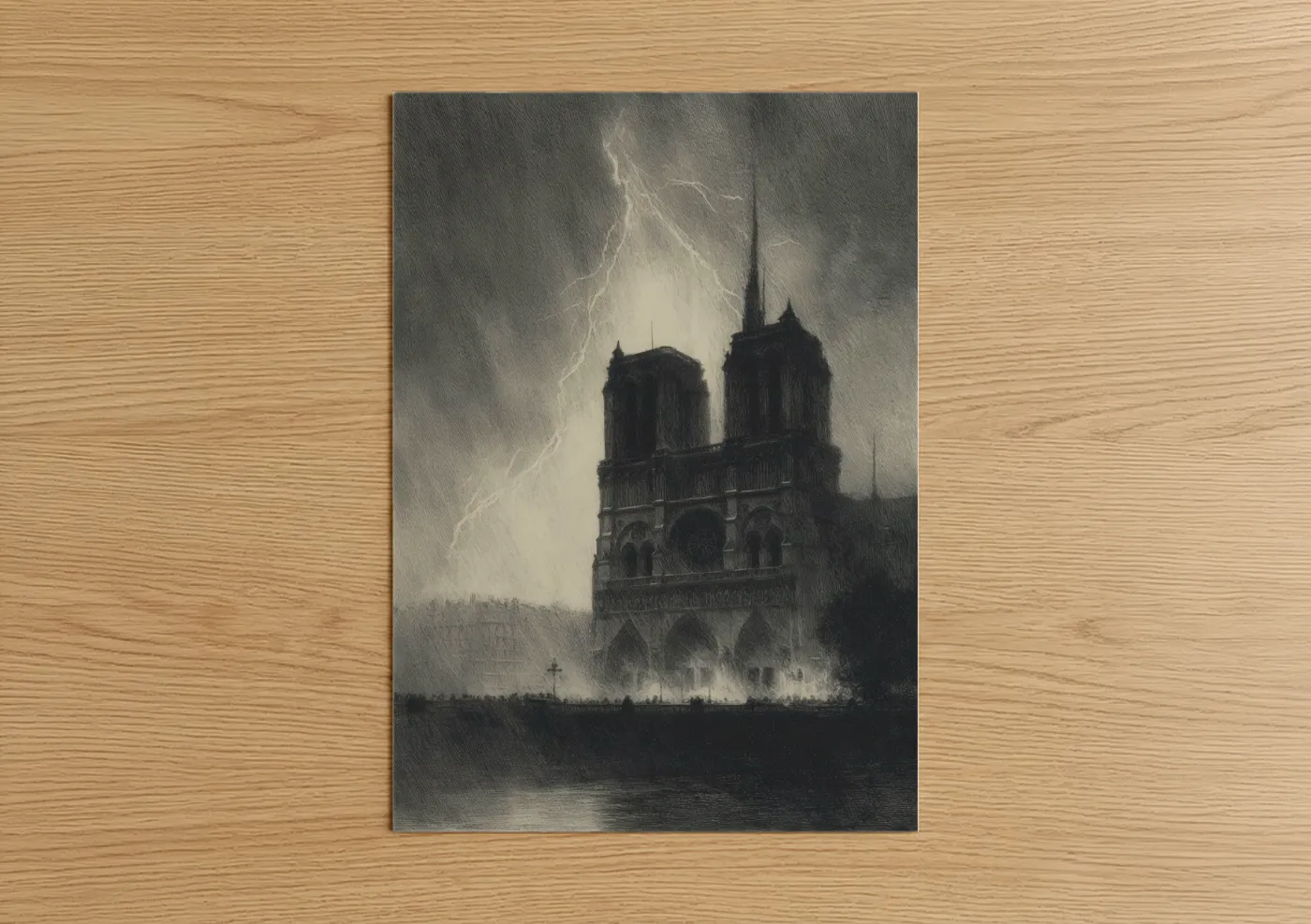 Art print on warm oak wood — black and white and gray palette — Stormy Notre Dame poster