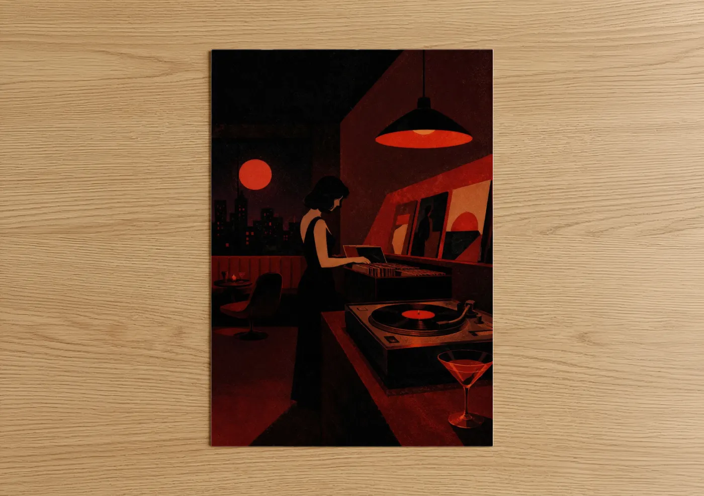 Art print on warm oak wood — red and black palette — DJ Vinyl Records Night Scene Wall Art poster