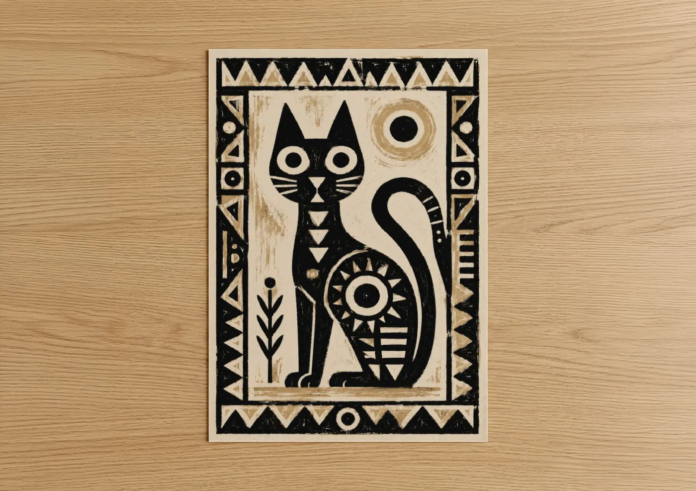 Art print on warm oak wood — black and white and beige palette — Geometric Black Cat Wall Art poster