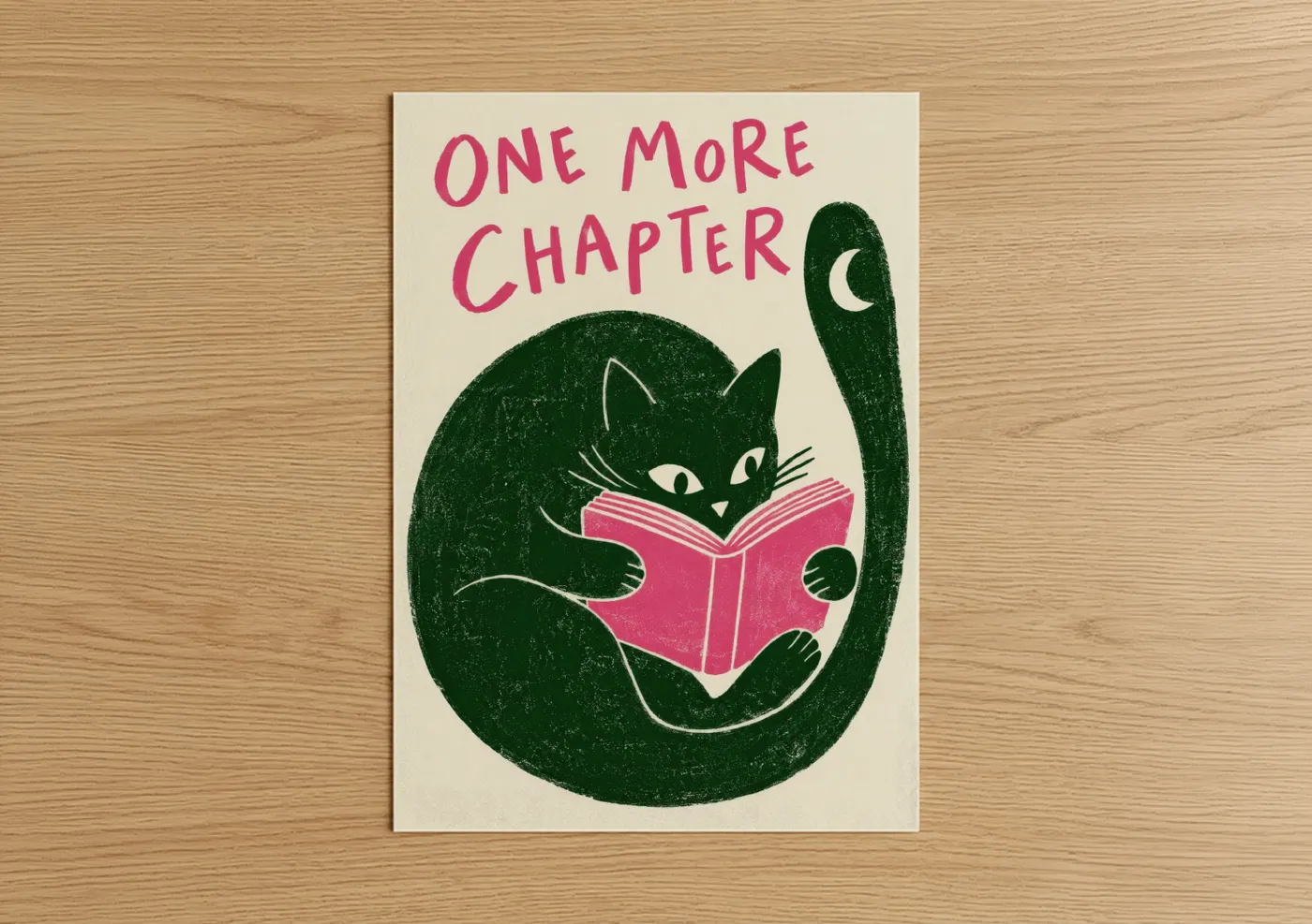 Art print on warm oak wood — green and pink palette — Reading Cat With Book Wall Art poster