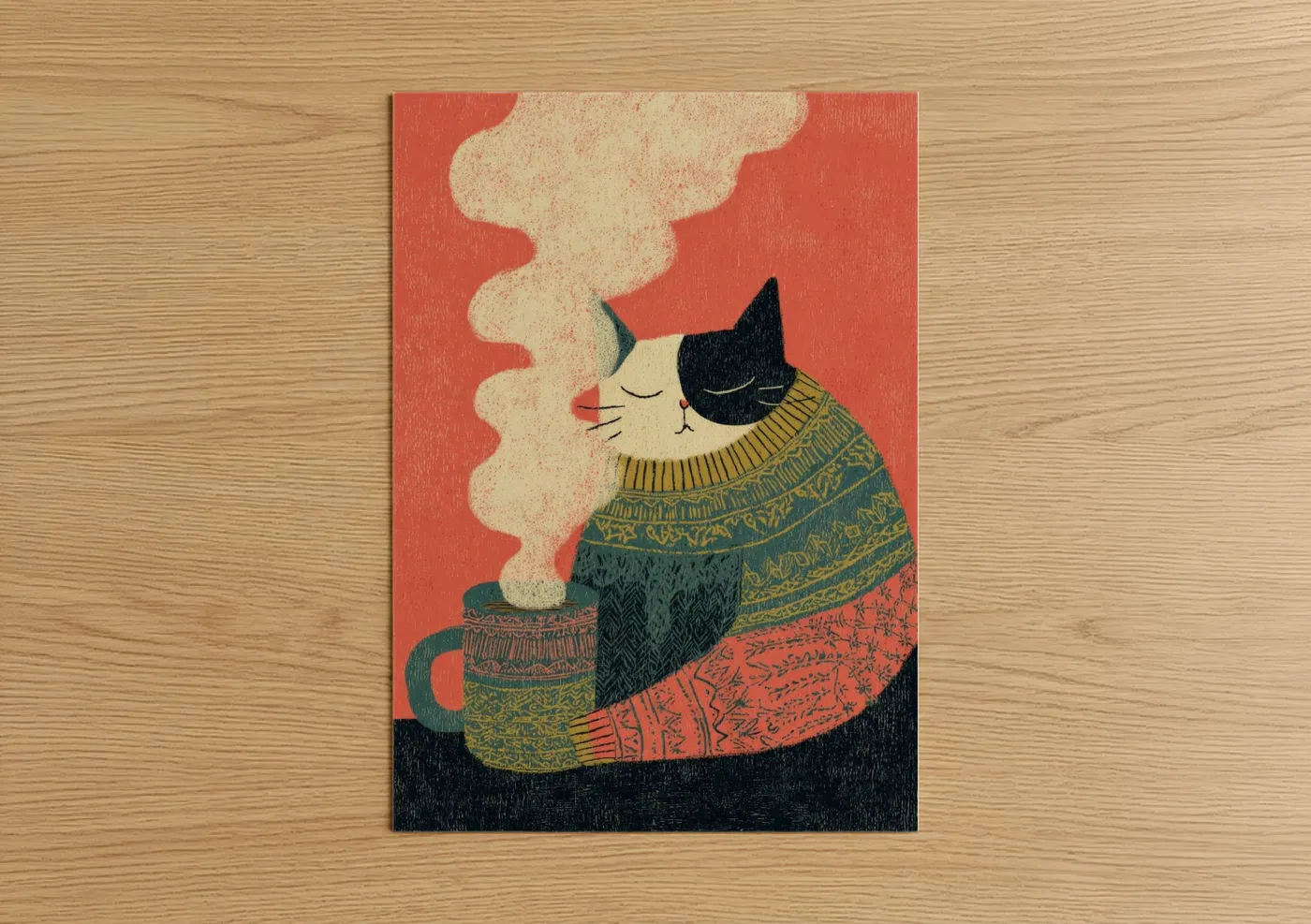 Art print on warm oak wood — cream palette — Cozy Cat Tea poster