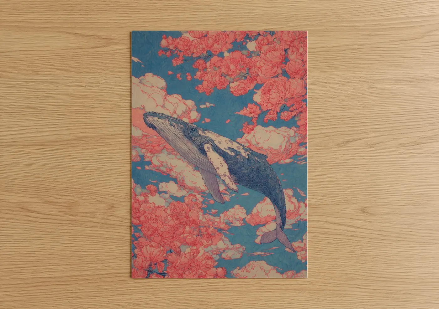 Humpback whale art print on warm oak wood — blue and salmon pink palette — Coral Whale Dream poster