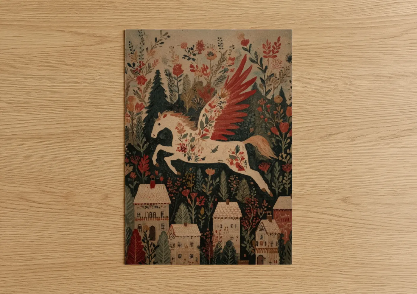 Art print on warm oak wood — red and dark green palette — Celestial Pegasus Village poster