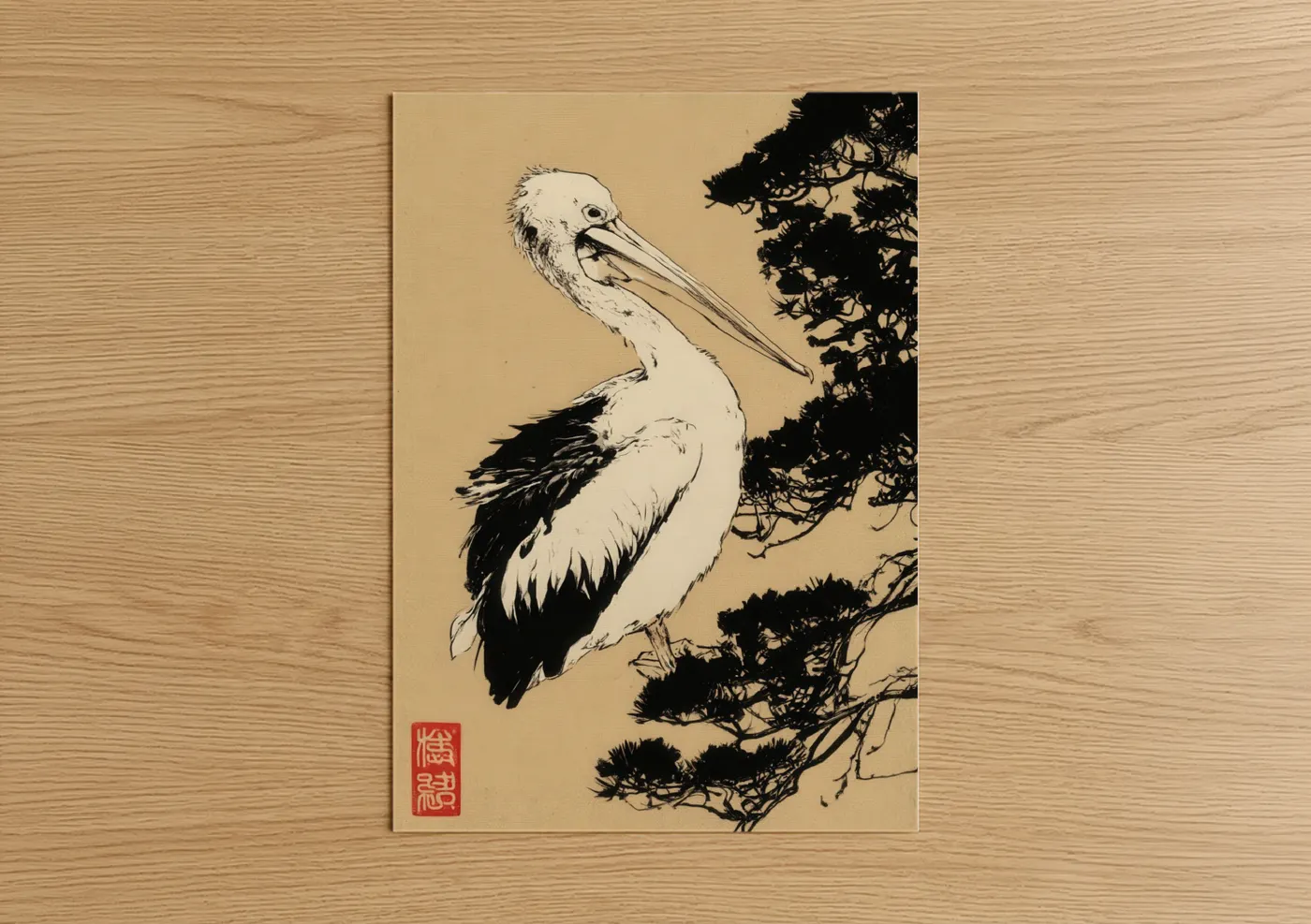 Art print on warm oak wood — cream and black and white palette — Minimalist Pelican poster