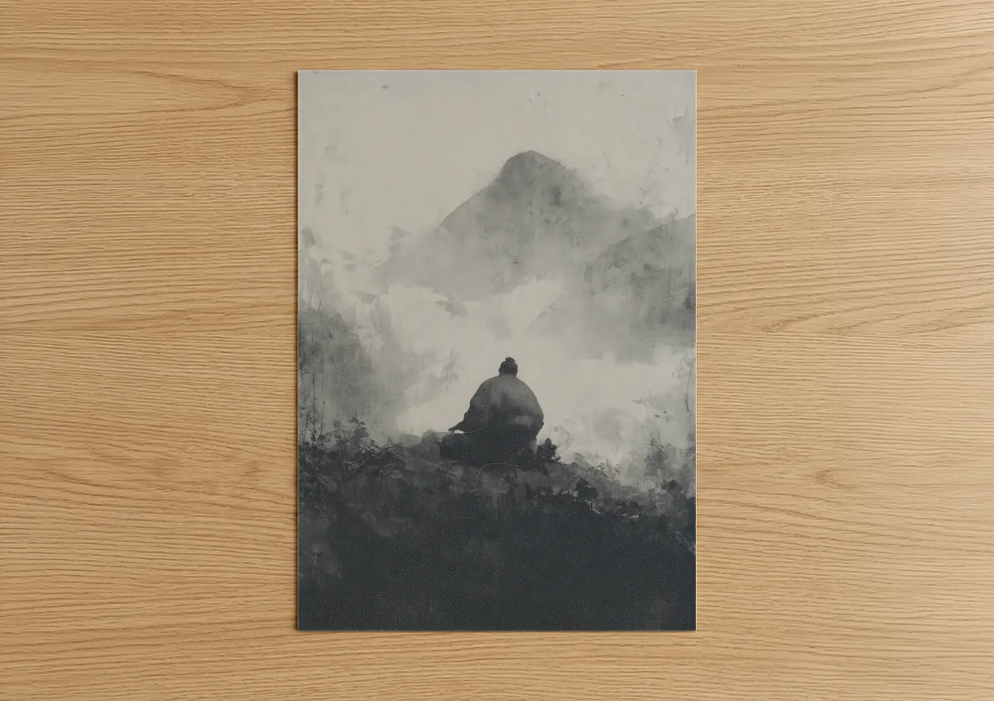 Art print on warm oak wood — gray and white and black palette — Misty Sumo Warrior poster