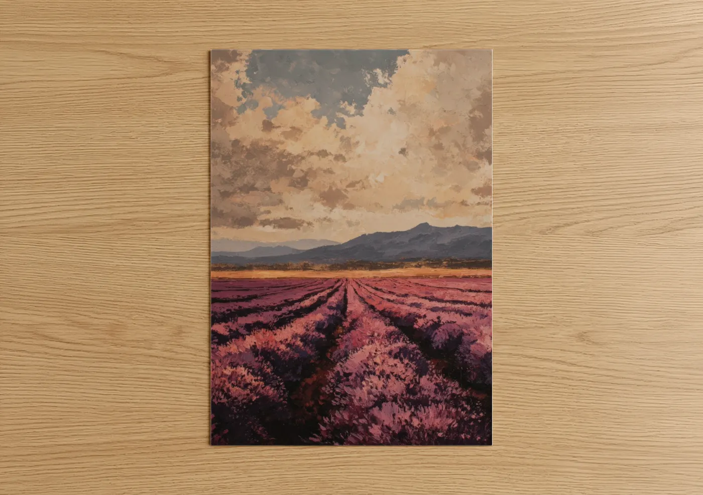Lavender field art print on warm oak wood — gold and magenta palette — Lavender Sunset Field poster