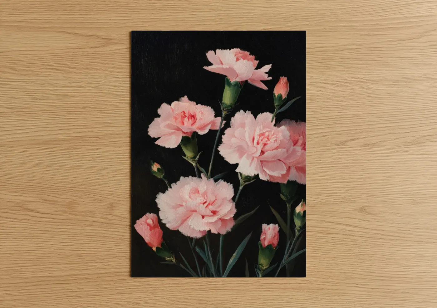 Carnations art print on warm oak wood — pink and black palette — Pink Carnation Cluster poster