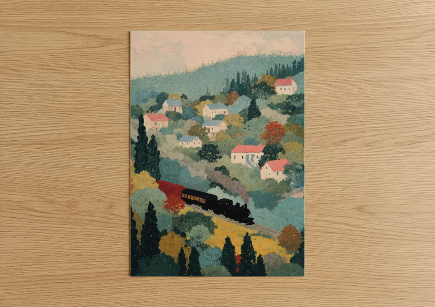 Autumn Train Village Countryside Landscape Wall Art