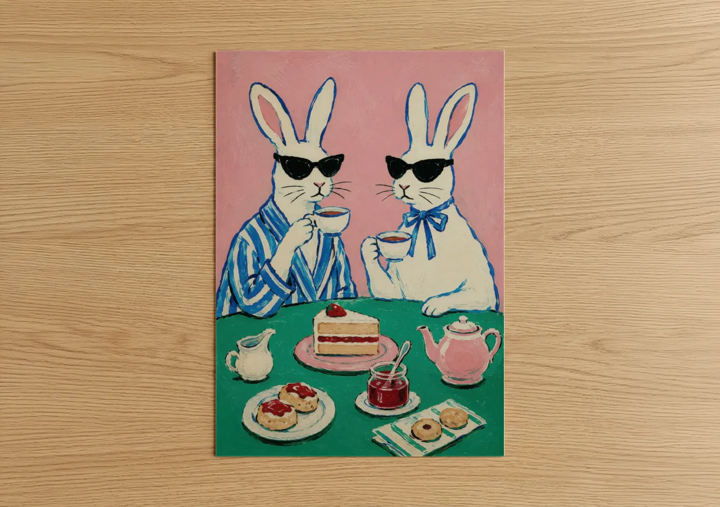 Art print on warm oak wood — pink and blue palette — Stylish Rabbits Tea Party Wall Art poster