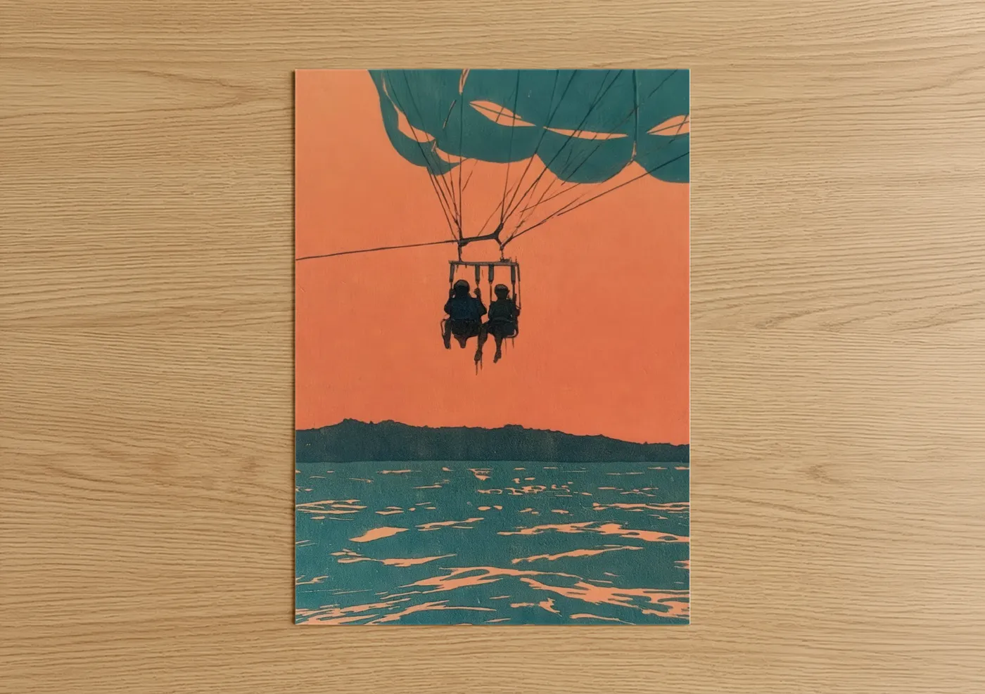 Art print on warm oak wood — orange and teal palette — Sunset Parasailing poster