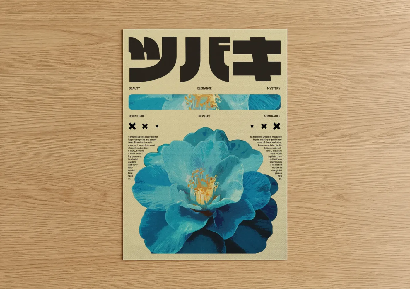 Japanese y2k art print on warm oak wood — blue and gold palette — Turquoise Camellia poster