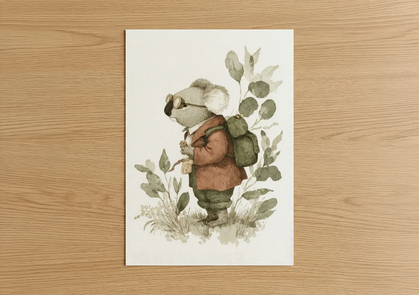 Art print on warm oak wood — sage green and brown palette — Adventurous Koala poster