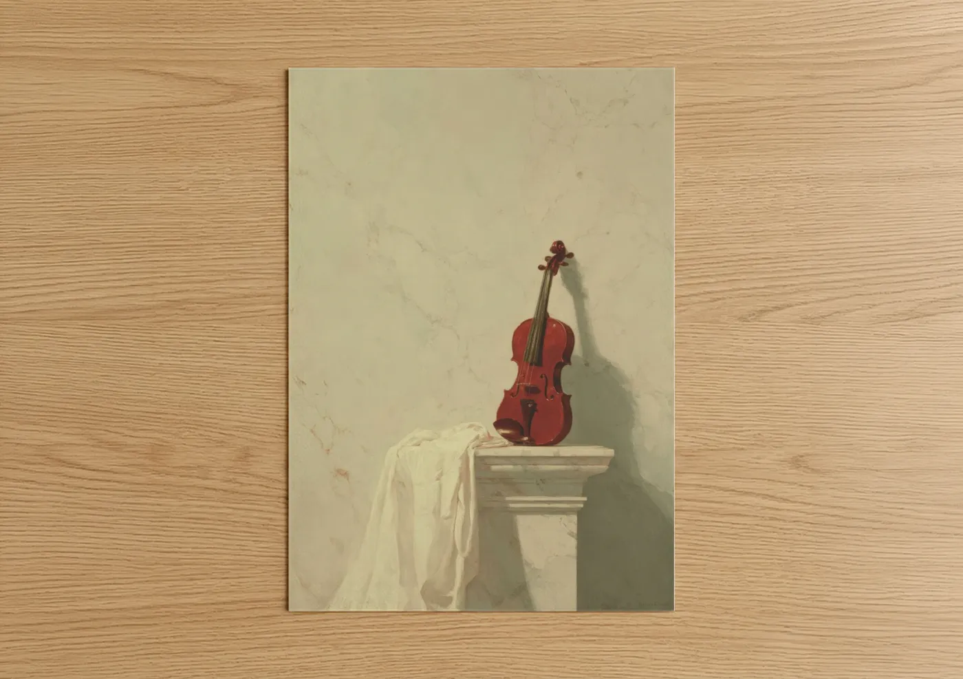 Art print on warm oak wood — red and cream palette — Red Violin Elegance poster