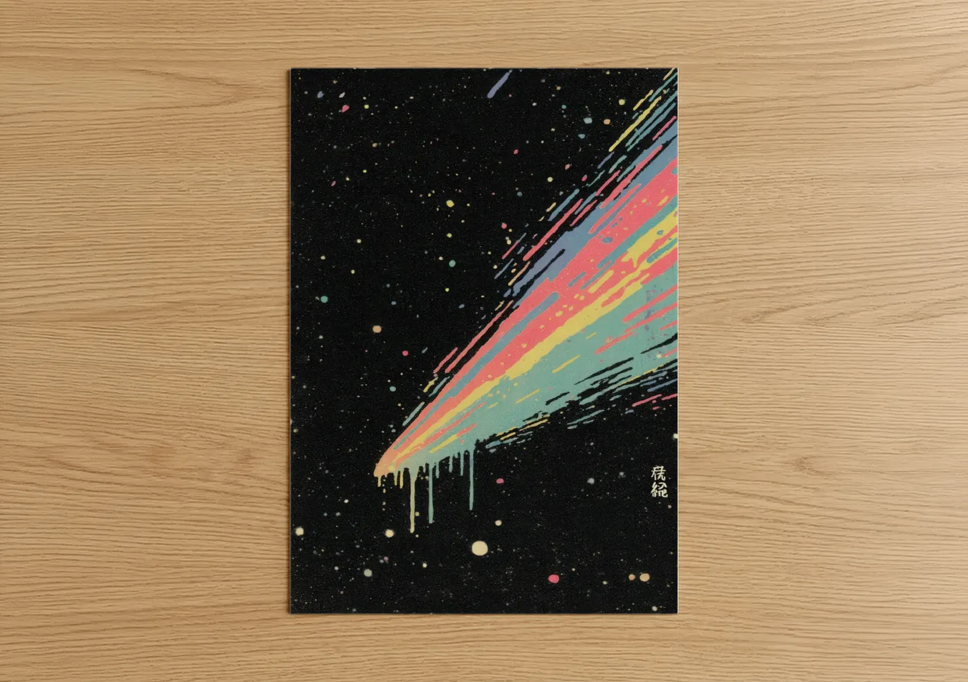 Astroids and comets art print on warm oak wood — black and gold palette — Cosmic Comet Trail poster