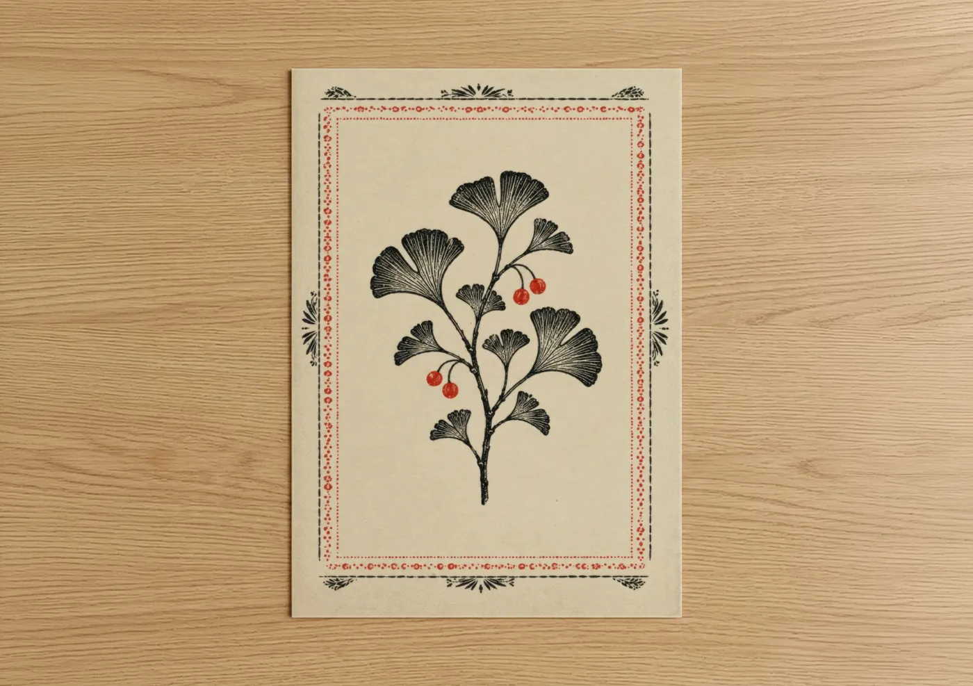 Plant art print on warm oak wood — black and white and red palette — Ginkgo Branch With Berries Wall Art poster