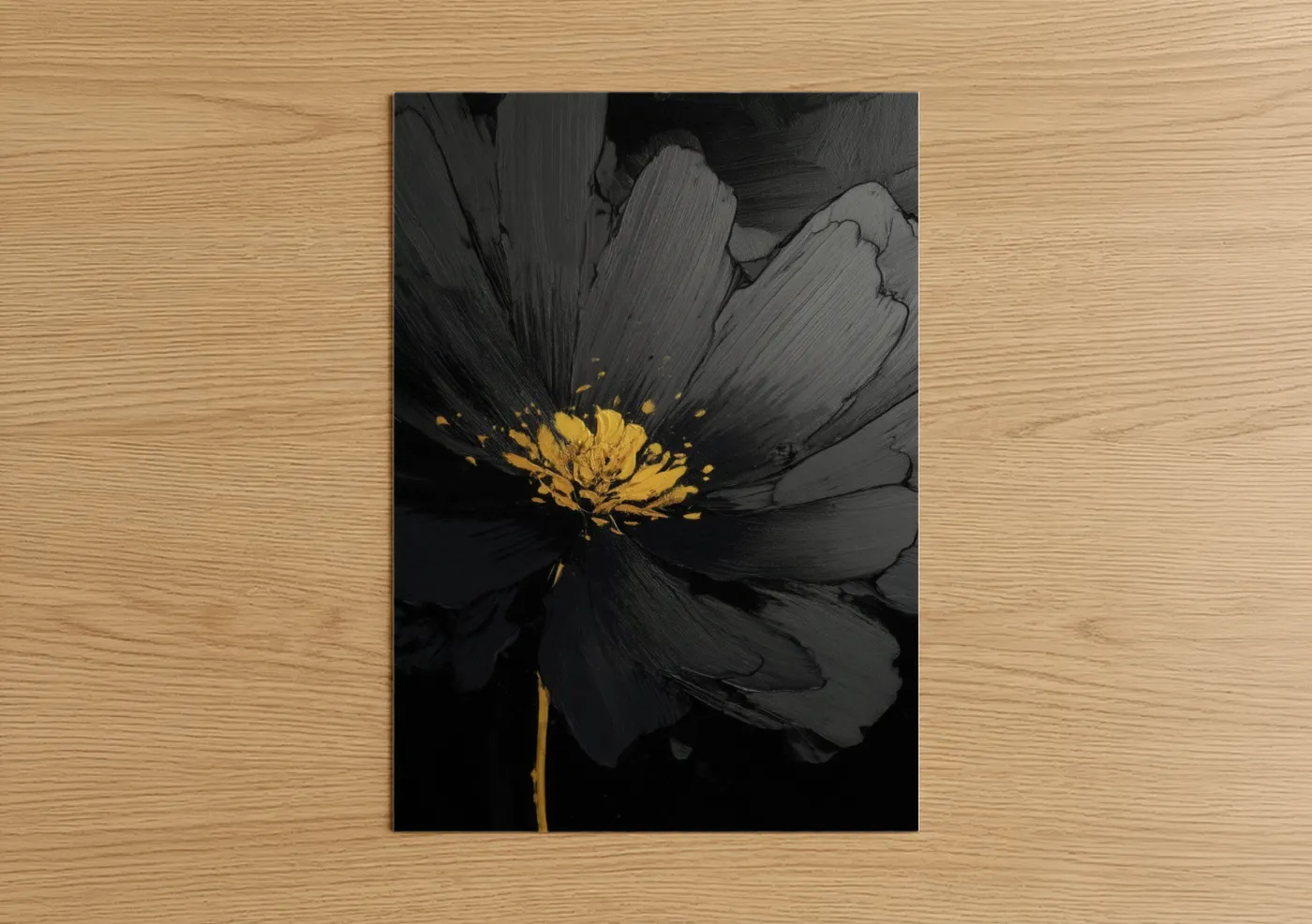 Abstract flower art print on warm oak wood — black and white and gold palette — Golden Cosmos poster
