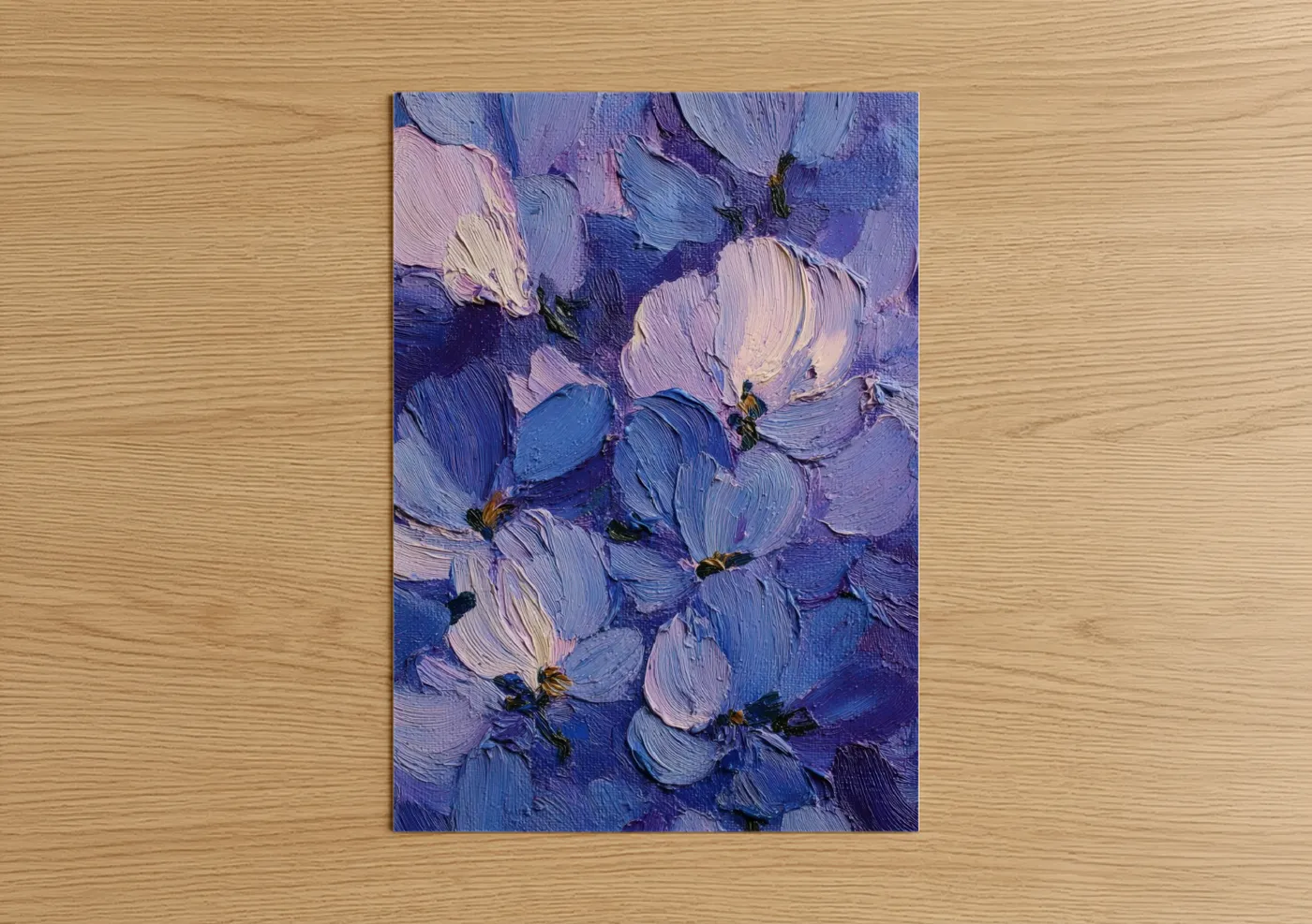 Art print on warm oak wood — purple and lavender palette — Purple Violets poster