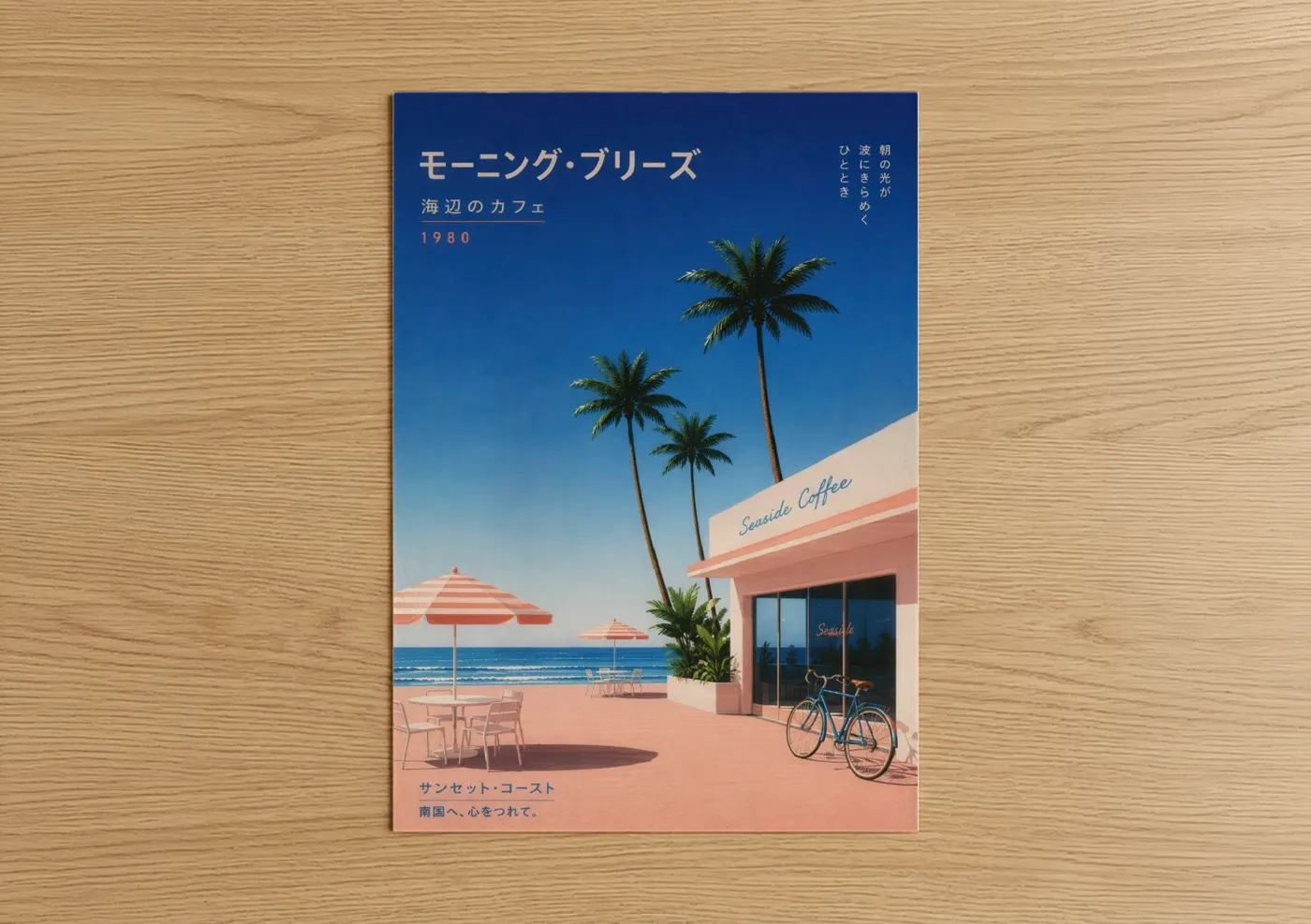 Beach town art print on warm oak wood — peach and blue palette — Retro Beach Cafe Palm Trees Wall Art poster