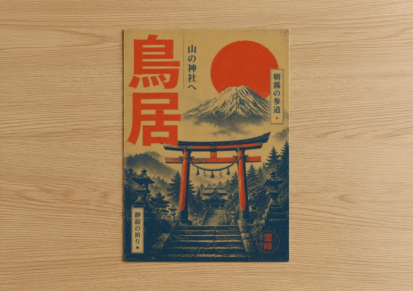 Art print on warm oak wood — red and beige palette — Mount Fuji Temple Gate Wall Art poster