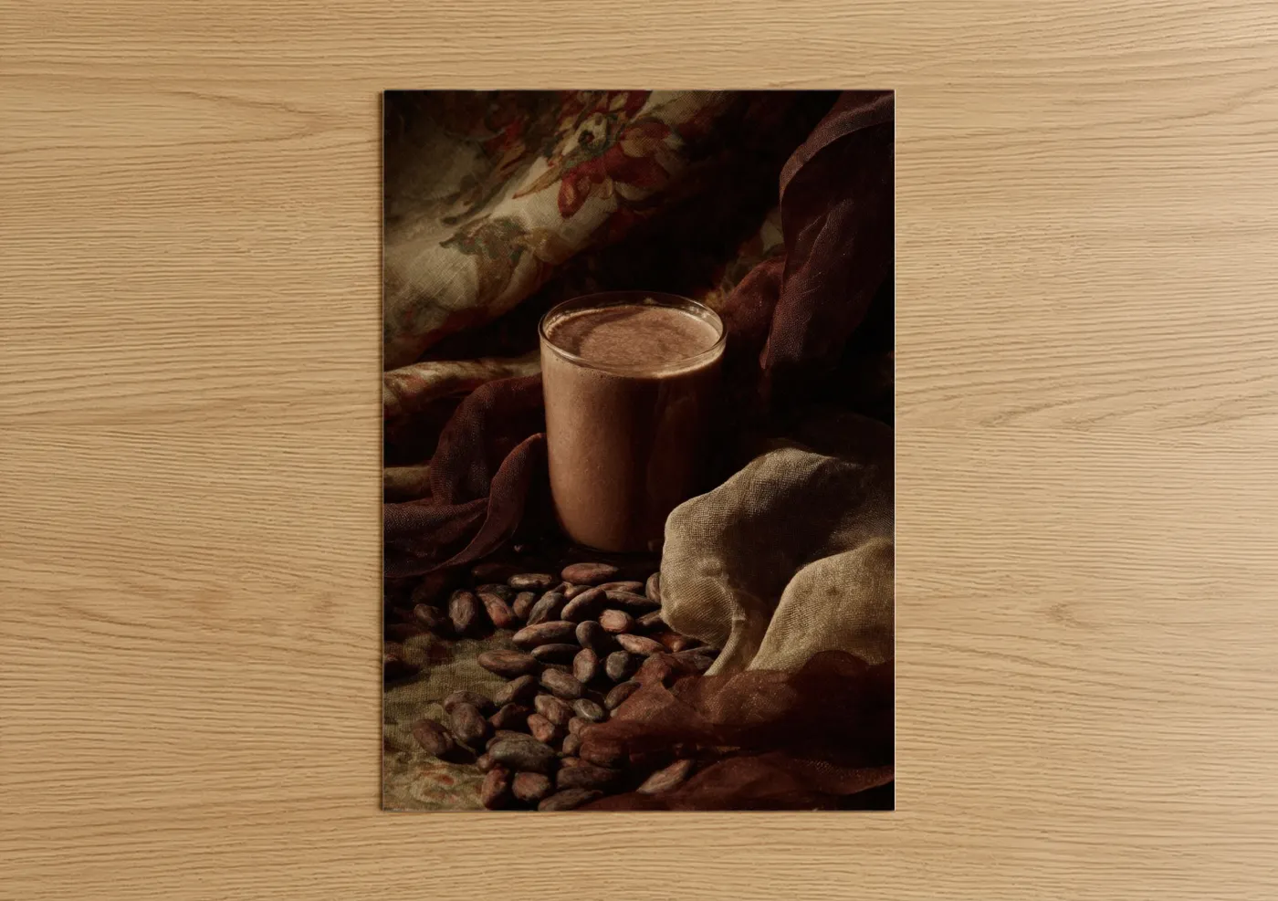 Art print on warm oak wood — brown and maroon palette — Chocolate Milkshake Vintage poster