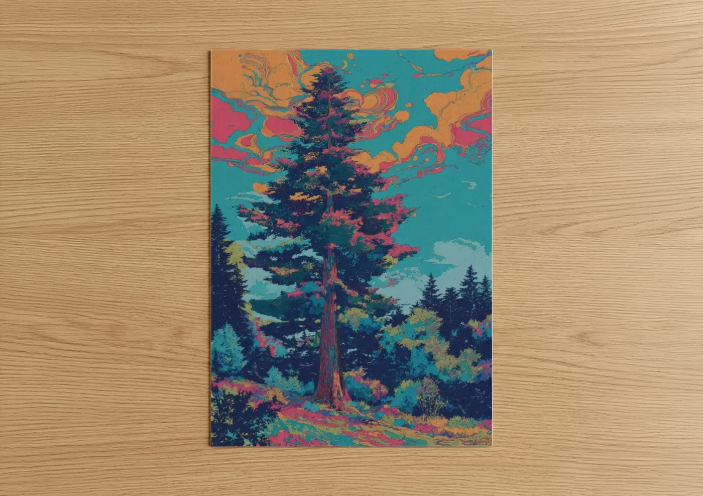 Redwood tree art print on warm oak wood — magenta and turquoise palette — Neon Redwood poster