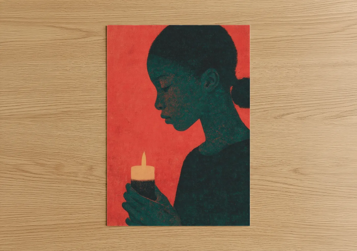 Art print on warm oak wood — red and teal palette — Kwanzaa Reflection poster