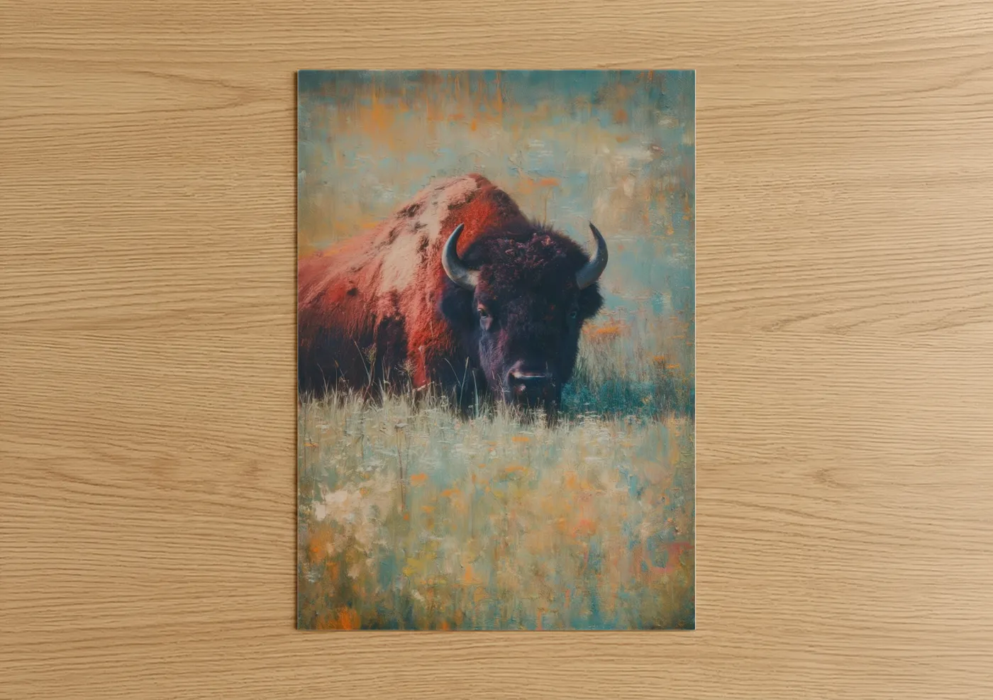 Art print on warm oak wood — russet and blue palette — Majestic Bison poster