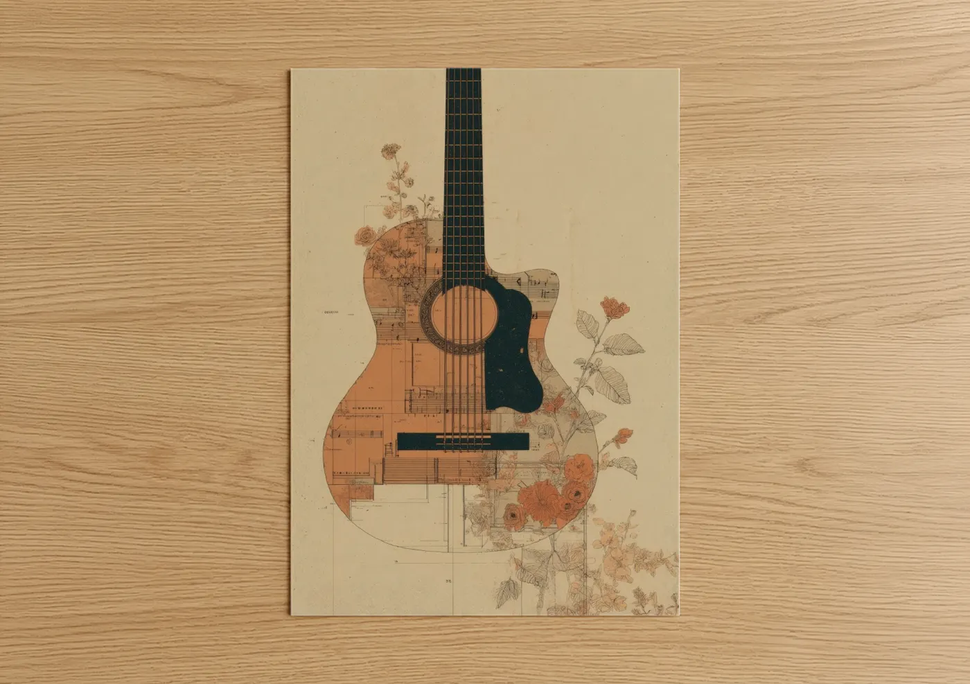 Botanical Acoustic Guitar Floral Art Wall Art