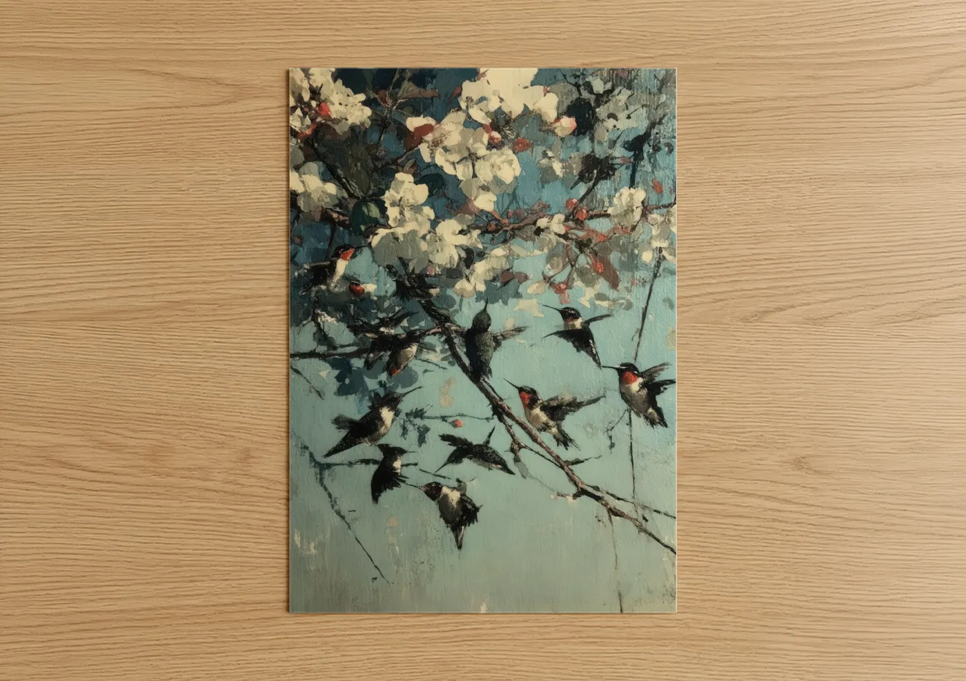 Art print on warm oak wood — teal and cream palette — Blossom Hummingbirds poster